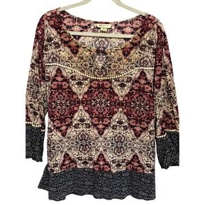 Style & Co Woman 3X Bohemian Medallion Print Tunic Top 3/4 Sleeve Embellished‎